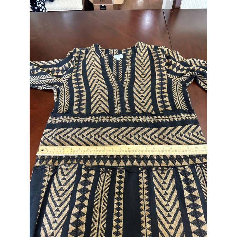Mud Pie Black Tan Geometric Tribal Print Tier Midi Dress Small Boho Bell Sleeve - Picture 5 of 7